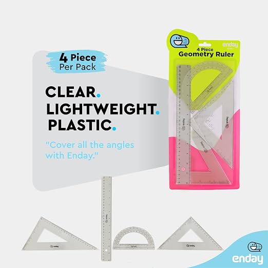 Geometry Plastic Ruler Set, Clear 12 inch/ 30 cm Straight Ruler, Triangle Rulers, Protractor Ruler Tool Set, Transparent School and Office Supplies Math Rulers for Kids and Adults, Set of 4 – By Enday