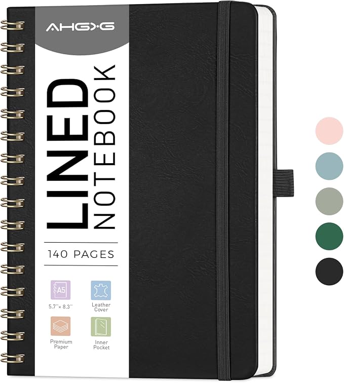 AHGXG Lined Spiral Journal Notebook, 140 Pages, A5 (5.7" x 8.3") | Journals for Women, Hardcover Leather Notebook College Ruled, 100 GSM Paper, for Work School Note Taking (Black)