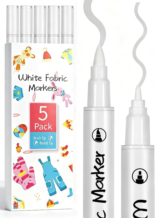 White Fabric Markers 5PCS, Dual-Tip Fabric Permanent Markers for Dark Clothes, Fabric Paint Pens for T-Shirts, Jeans, Canvas Shoes, Bags & Hats
