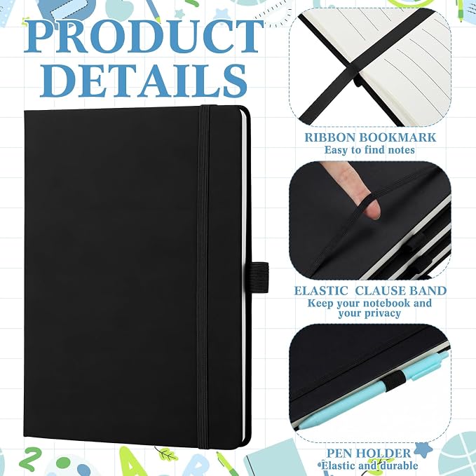 Laumoi 7 Pack Hardcover Journal Notebooks Bulk A5/A4/B5 Journaling Notebook Wide Ruled PU Leather Ruled Lined Journals with Pen Holder for School Business Work Writing (Black,A4)