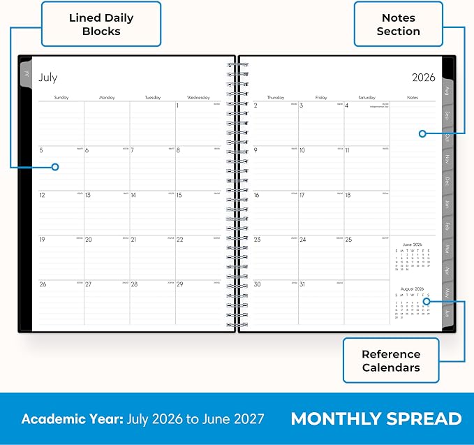 Blue Sky Weekly & Monthly Academic Planner Calendar, 8"x10.875", Dainian | July 2026 - June 2027, Flexible Cover, Wirebound, Laminated Tabs, Academic Year