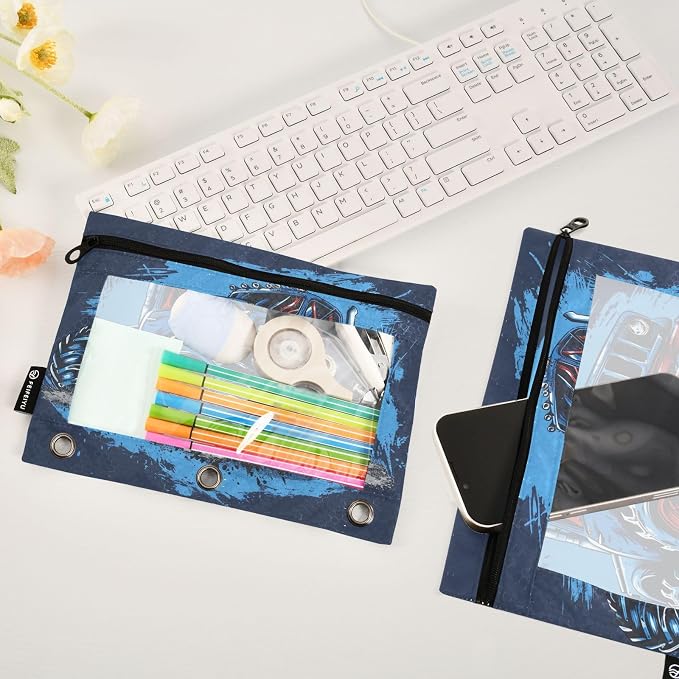 Racing Monster Truck Blue Cartoon Pencil Pouch for 3 Ring Binder 2 Pack Zipper Binder Pencil Bag Case with Clear Window Office Supplies