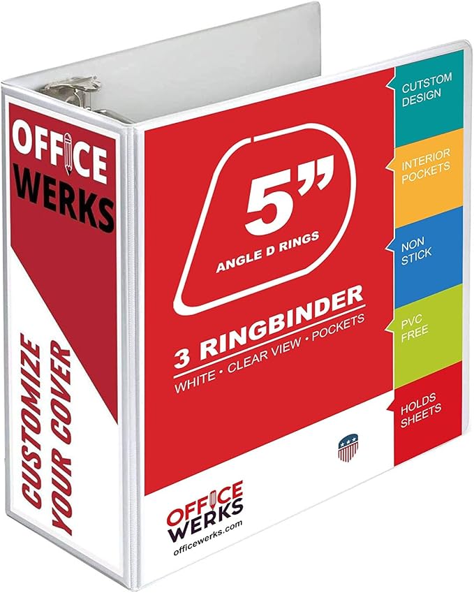 5 Inch 3 Ring Binder 2 Pack, Heavy Duty Locking D-Ring, Holds 950+ Sheets, PVC-Free, Assembled in USA, 8.5 x 11, Clear View Cover with Pockets, Customizable, Professional, White - Ring Binder Depot | Locking Rings, PVC-Free, Assembled in USA, 8.5 x 11,...