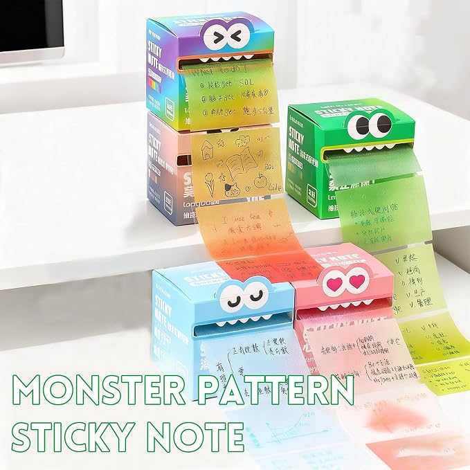 Monster Pattern Sticky Note, Pastel Pull-Out Memo Pads, 2-Pack Transparent Self-Adhesive Notes with Colorful Designs (Gradient Green + Rainbow)