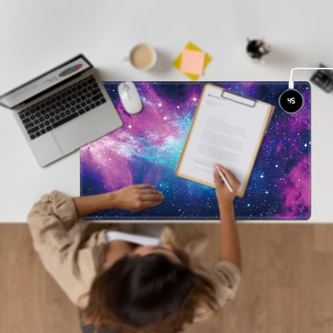 Heated Desk Pad Large Mouse Pad 23.6 x 14.1 inch with 3 Levels Heating & Auto Shut-Off Warm Mouse pad PU Leather Computer Mousepad for Home Office Work - Beautiful Galaxy