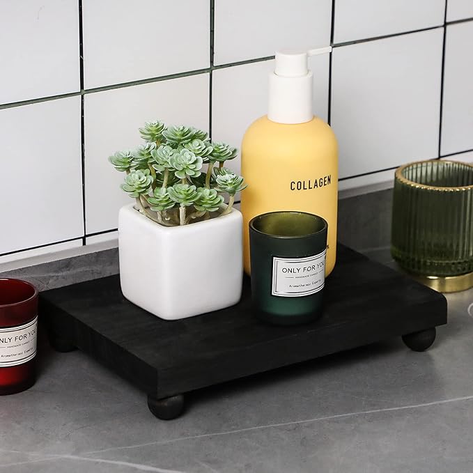 Amyhill Wood Pedestal Stand Kitchen Soap Tray Farmhouse Wooden Riser Stand for Kitchen Bathroom Counter Table Decor Plant Vases Display(Classic,Black,9 x 6 Inch)
