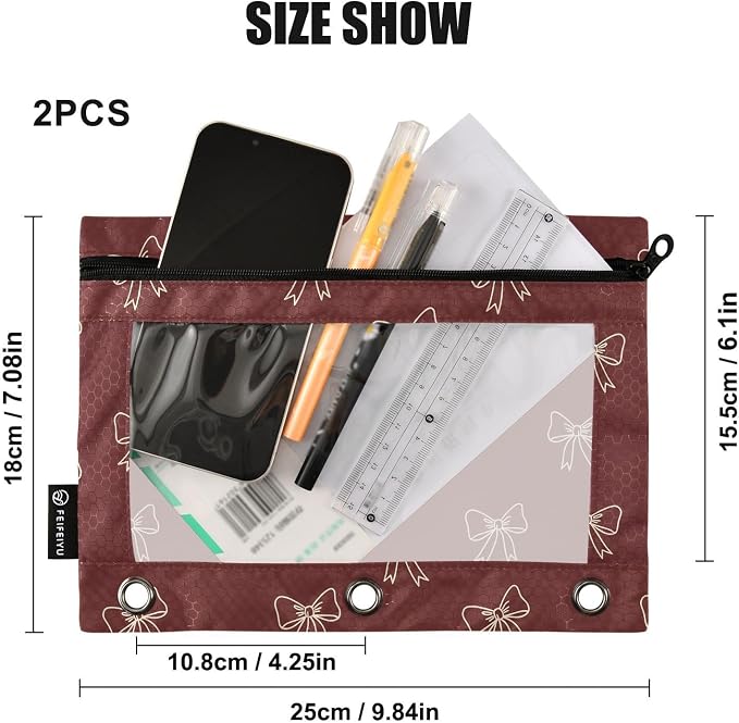Gredecor 3 Ring Binder Pencil Pouch, Burgundy Maroon Bows Zippered Pen Case Pouches with Clear Window, 2 Pack Stylish Office & School Supplie