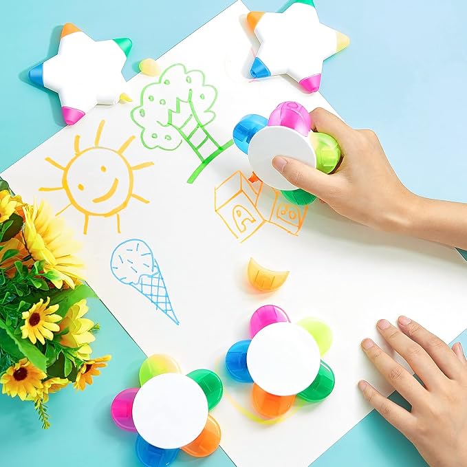 6 Pieces Petals Highlighters Flower and Star Shape Highlighter Cute Watercolor Highlighter Pens 5 in 1 Fluorescent, Brush Tip for Office Stationery Supplies Back to School 5 Colors