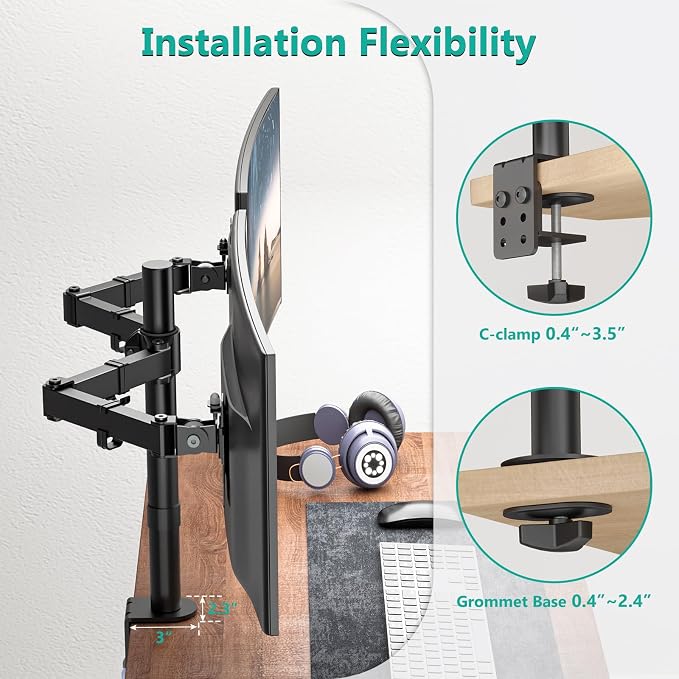 WALI Articulating Dual Monitor Stand for 13-27 inch Screens, 22 lbs per Arm | 2 Monitor Desk Mount, Full Motion with Tilt, Swivel, Rotation, C-Clamp & Grommet Base, VESA 75/100mm (M002), Black