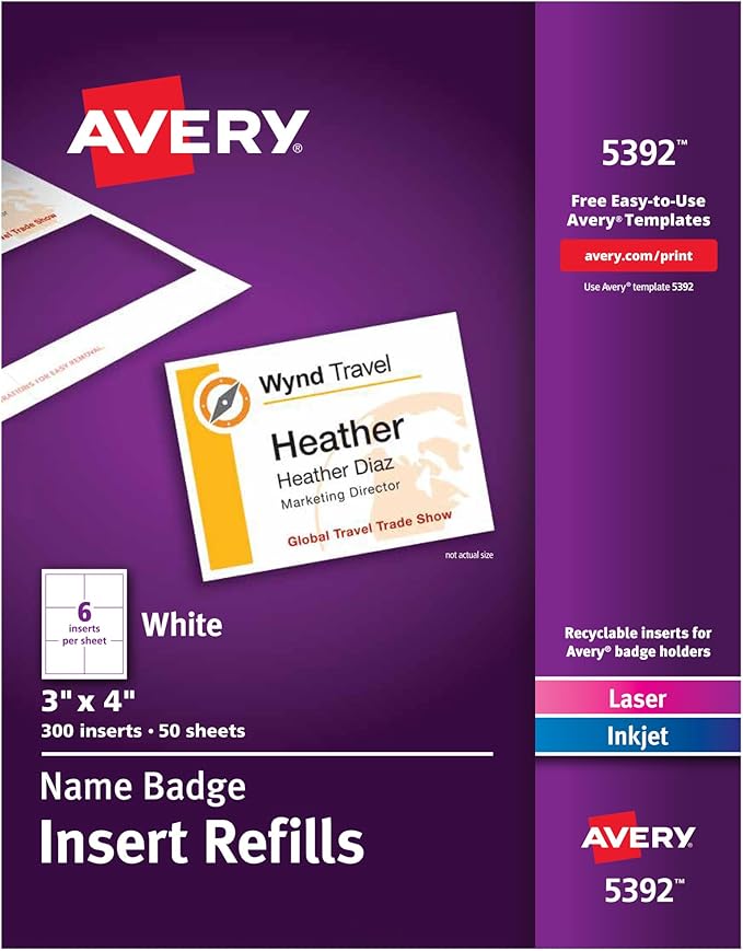 Avery Customizable Name Badge Inserts for Name Tag Holders, 3" x 4", White, Laser/Inkjet Printable, 300 Inserts Per Pack, 1,500 Total (5 Packs of 5392) | For Name Tag Holders, Laser/Inkjet Printable, 300 Inserts Per Pack, 5 Packs of 5392