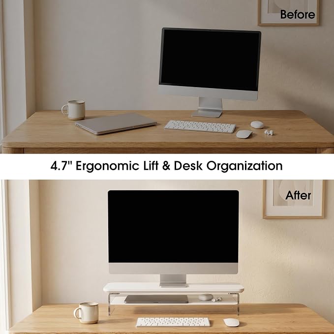 Fenge 23.6" Monitor Stand with Clear Acrylic Legs, White | Clear Acrylic, Storage Compartment, 2-tier Home Office Monitor Riser, Wide Large Desktop Shelf Fit Monitor/Laptop/Printer