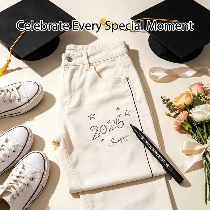 5pcs Fabric Markers Permanent Paint Pens for White Clothes, Bleed Proof, Water Resistant, No Fade, Quick Dry Professional Dual Tip Pens DIY for Canvas, Cover Stains, Clothing, Black