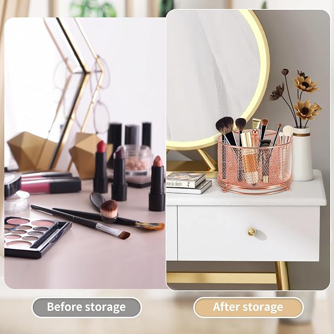 Pen Holder for Desk,360° Rotating Mesh Desk Organizer with Large Capacity 4 Compartments,Multi Functional Desk Accessories and Makeup Brush Holder for Office School Home (Rose Gold)