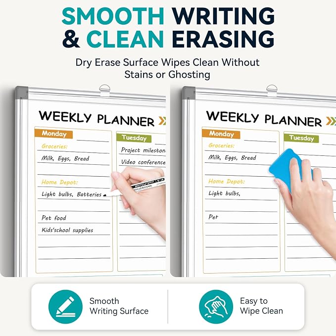 Weekly Dry Erase Calendar Whiteboard with Corkboard, 30" x 20", Silver | Magnetic, White Board Cork Board Combo, Double Sided, Wall Mounted, Aluminum Frame, for Home, Office, Kitchen, Dorm