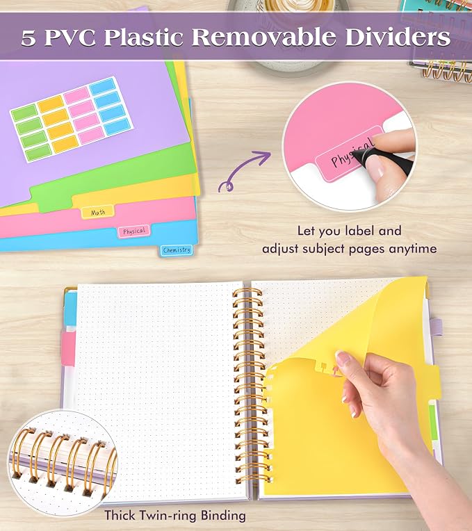 5 Subject Dotted Notebook with Removable Dividers Tabs, 300 Pages Hardcover Leather Dot Grid Spiral Journal, 8"x10" B5 Large Bullet Notebooks for Women Men Work School College Maths Sketching, Purple
