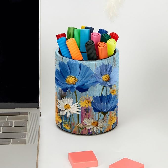 Rural Wooden Flowers Leather Pen Holder for Desk, Multifunctional Desktop Organizer Pencil Cup, Desktop Caddy Stationery Organizer for School Home Office Desk Accessories