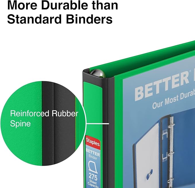 Staples Better View 1-Inch D-Ring Binder, Green – Durable 3-Ring Binder with Clear Overlay for School & Office