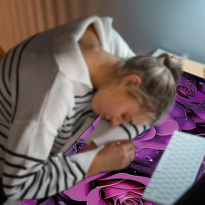 Heated Desk Pad Large Mouse Pad 31.5 x 13 inch with 3 Levels Heating & Auto Shut-Off Warm Mouse pad PU Leather Computer Mousepad for Home Office Work - Purple Rose Flowers