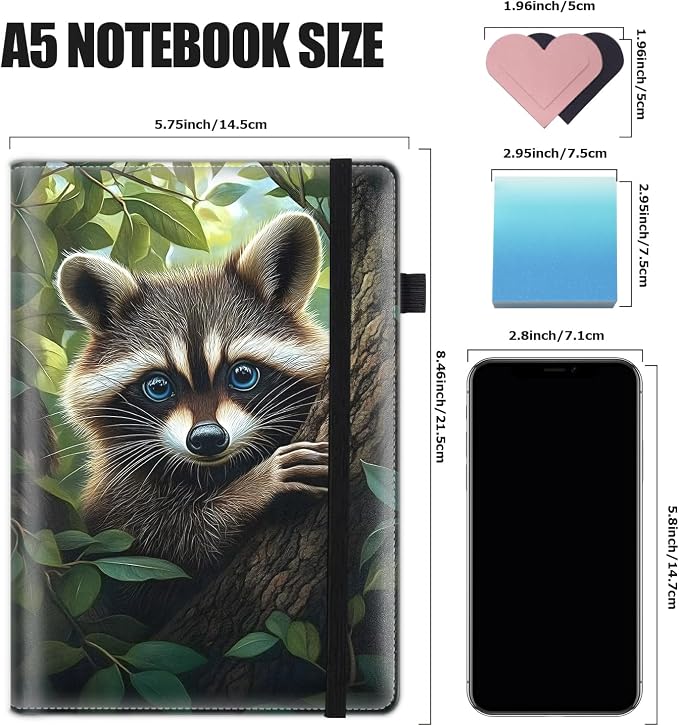 Hardcover Executive Notebooks, A5 PU Leather Lined Journal Notebook, 200 Pages Thick Paper Subject Notebooks for School,Work,Home Writing Business Notebook, Diary Book ， Forest Raccoon