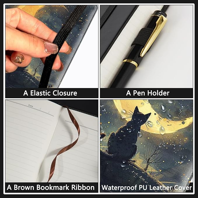 A5 Leather Lined Journal Notebook, 200 Pages Hardcover Executive Notebook for Men Women Office School Note Taking, Thick Writing Paper Daily Journal with Bookmarks/Indexes, Cat Under The Stars