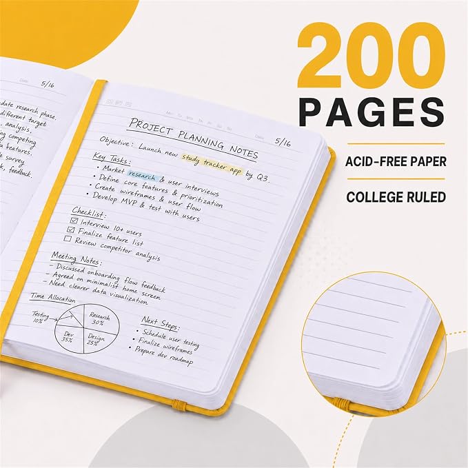 SUIN Hardcover-Journal-Notebooks, A5 Lined Journals Notebook for Writing 200 Pages, 8.2 x 5.5 inch, Classic Ruled Notebooks for Work/Travel/College (Yellow- 1 Pack)
