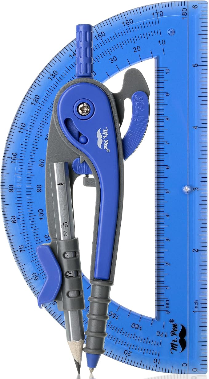 Mr. Pen- Geometry Compass and Protractor Set, 6 Inch Compass | 6 Inch Protractor, Drawing Tool for School, Clear Plastic, Easy Grip, Precision Design for Math, Art, Drafting, Architecture