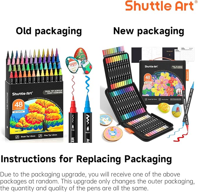 Shuttle Art 48 Colors Dual Tip Acrylic Paint Markers, Brush Tip and Fine Tip Acrylic Paint Pens for Rock Painting, Ceramic, Wood, Canvas, Plastic, Glass, Stone, Calligraphy, Card, DIY Football Crafts