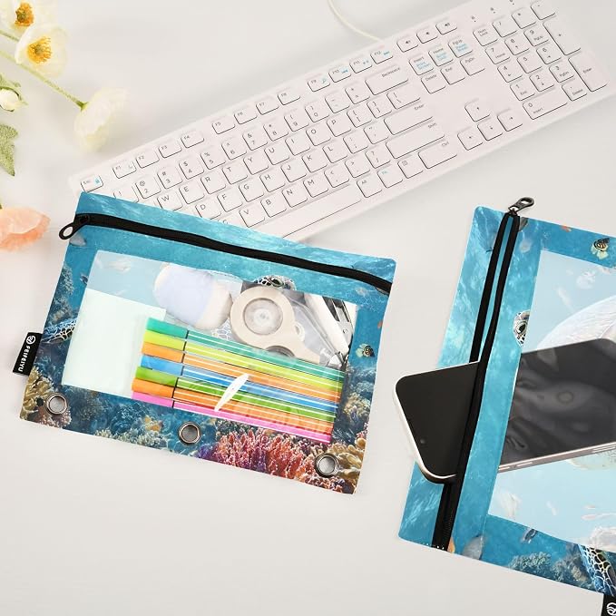 Sea Turtle Underwater Pencil Pouch for 3 Ring Binder 2 Pack Zipper Binder Pencil Bag with Clear Window Pencil Case for Office Supplies