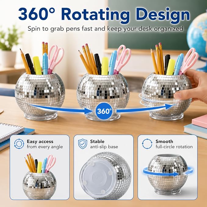Disco Ball Pencil Holder for Desk 360 Degree Rotating Pen Makeup Brush Organizer with Silver Sequins 4.5 Inch Disco Back to School Desk Accessories for Office Classroom Bedroom Decor