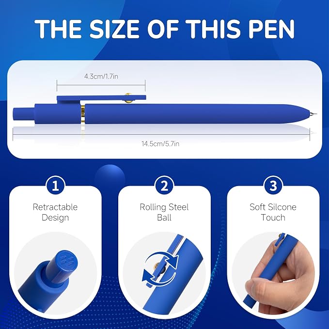YOXMJDB 6 Pcs Blue Ink Pens for Journaling 0.5mm Fine Point Blue Gel Ink Pens, Smooth Writing Quick Dry Pens for Note Taking, Gift Set for Women & Men (6 Pcs Blue Gold)
