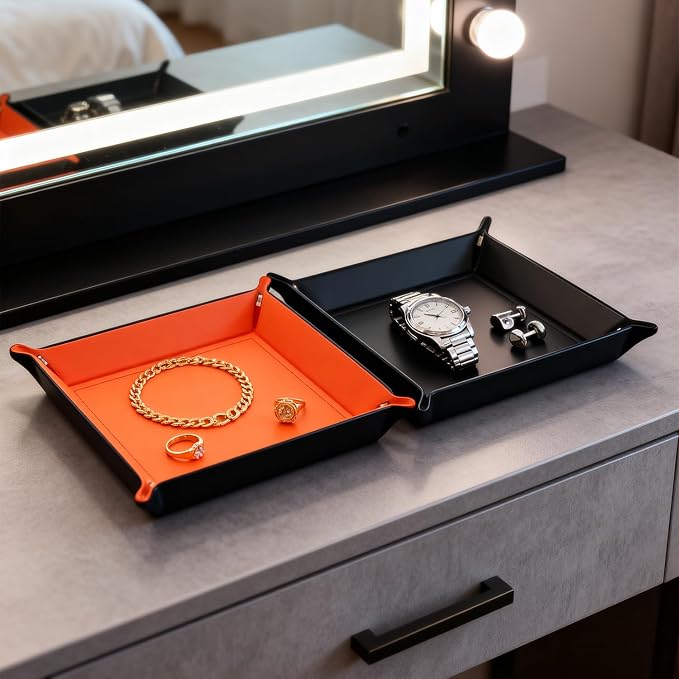 Valet Tray Desktop Storage Organizer – Vegan Leather Catchall Bedside Vanity Tray Nightstand Caddy Holder for Remote Controller, Watch, Keys, Phone, Wallet, Coin, Jewelry (Orange/Black)