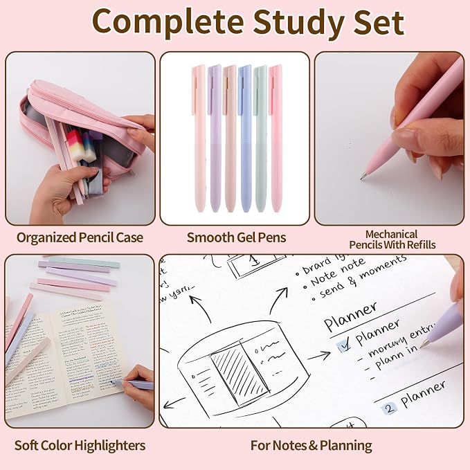 BESARME Pink Pencil Case with Supplies for College & Nursing Students 39ct | Back to School Supplies, 6 gel pens, 12 highlighters, 6 ballpoint pens, 6 mechanical pencils, refills, erasers