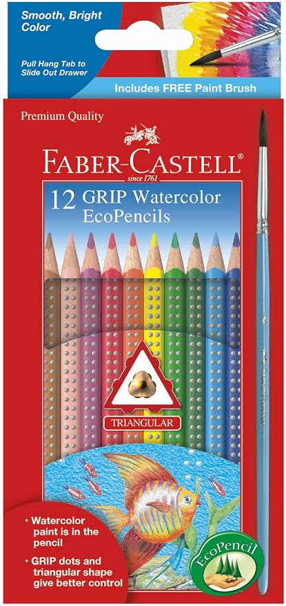Faber-Castell Grip Watercolor EcoPencils: 12 Watercolor Pencils with Brush, Color Pencil Set, Art Supplies for Kids