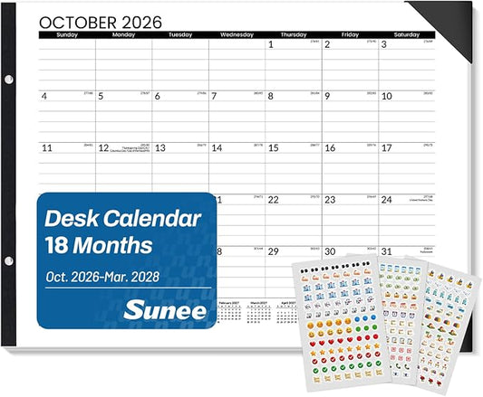 SUNEE Desk Calendar 2026-2027 Large 22x17 from October 2026 to March 2028, Extra Large Desktop Monthly Calendar Pad 18 Months For Teacher or Office, Desk Top, Black