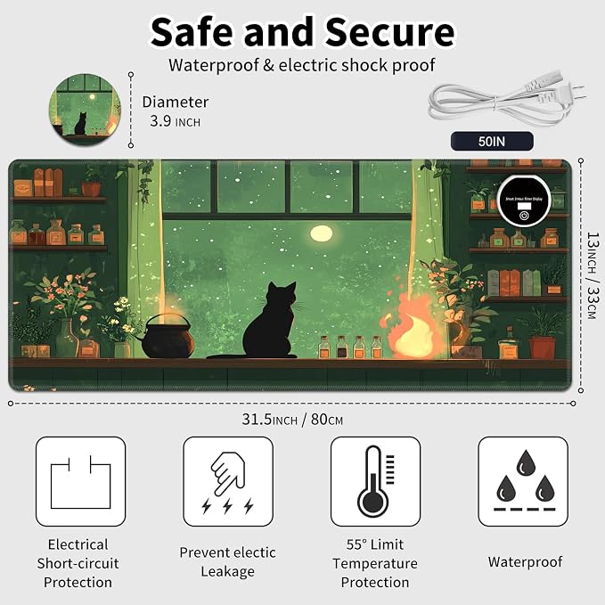 Warm Desk Pad,Heated Desk Pad,Office Mat,3 Heating Levels & 3 Hours Auto Shut-Off,31.5"*13" Gaming Mouse Laptop Keyboard Leather Desk Mat,Cat Green Window