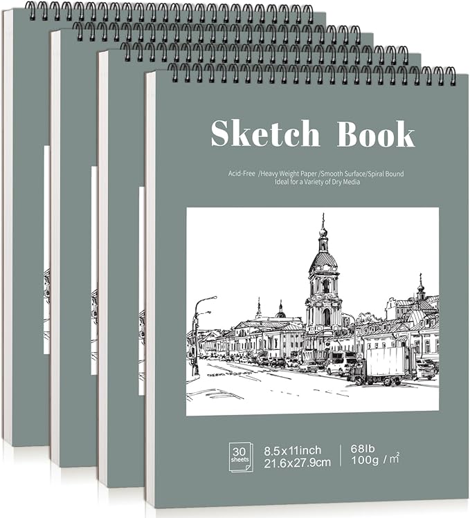4 Pack Sketch Book, 8.5 x 11 Inch Sketchbook, 68lb/100gsm Top Spiral Bound Sketch Pad, Acid Free Art Supplies Drawing Painting Sketching Paper for Beginners, Artists (Light Cyan)