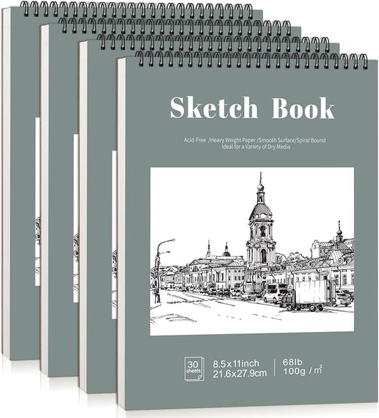 4 Pack Sketch Book, 8.5 x 11 Inch Sketchbook, 68lb/100gsm Top Spiral Bound Sketch Pad, Acid Free Art Supplies Drawing Painting Sketching Paper for Beginners, Artists (Light Cyan)