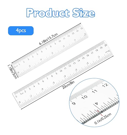 4 Pack Clear Ruler 6 Inch, 6 Inch Ruler (15.5 cm) and 8 Inchs (20.5 cm) | with Inches & Centimeters, Flexible Plastic Measuring Tools for Office (White)