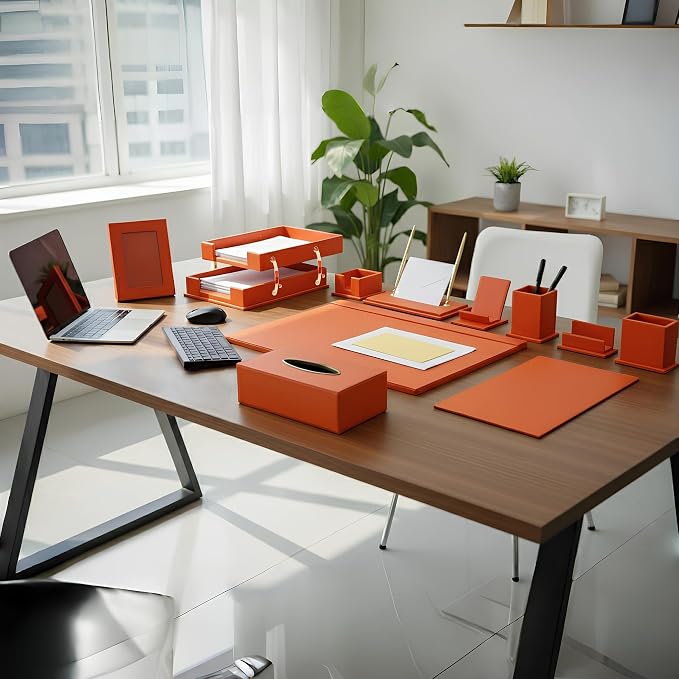 Luxury Executive Leather Desk Organizer Set –13-Piece Office Desk Accessories with Desk Pad, Letter Tray, Phone Stand, Pen Holder & Coasters – Professional Office Desk Decor & Gift (Orange)