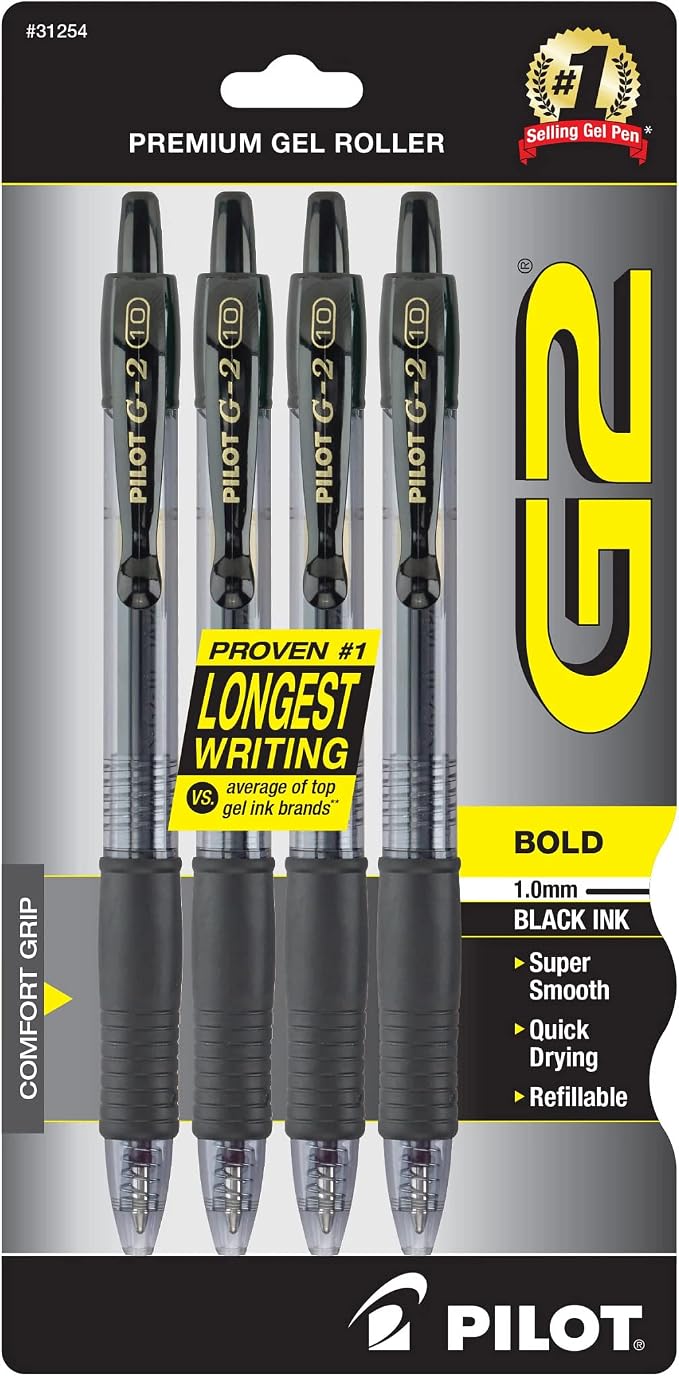 Pilot G2 Premium Refillable & Retractable Rolling Ball Gel Pens, Bold Point, Bold Gel Pens, 1.0 mm, Black Ink, 4-Pack