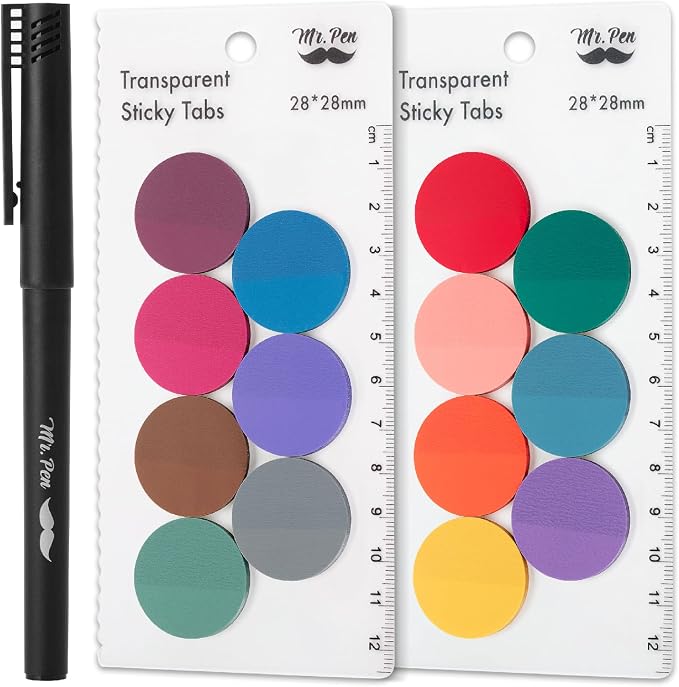 Mr. Pen- Round Transparent Sticky Notes, 1.1” Diameter, 14 Pads, 560 Sheets | Colorful, Water-Resistant See-Through Sticky Notes & Fineliner, Smooth Writing, Note Tabs for Bible Journaling, Studying