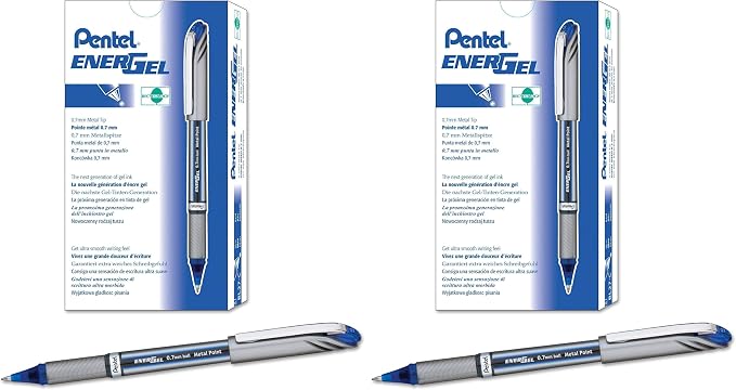 Pentel EnerGel NV Gel Ink Pen, (0.7mm), Medium Point Capped, Metal Tip, Blue Ink, Box of 12 (BL27-C) (Pack of 2)