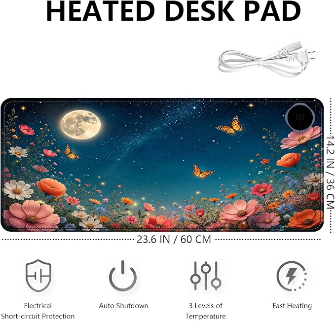 Large Heated Mouse Pad–23.6" x 14.2" Desk Mat for Office | 3 Adjustable Heat Levels,Auto Shut-Off After 3 Hours for Safety,Keeps Hands Warm While Working，Starry Sky Flower Field