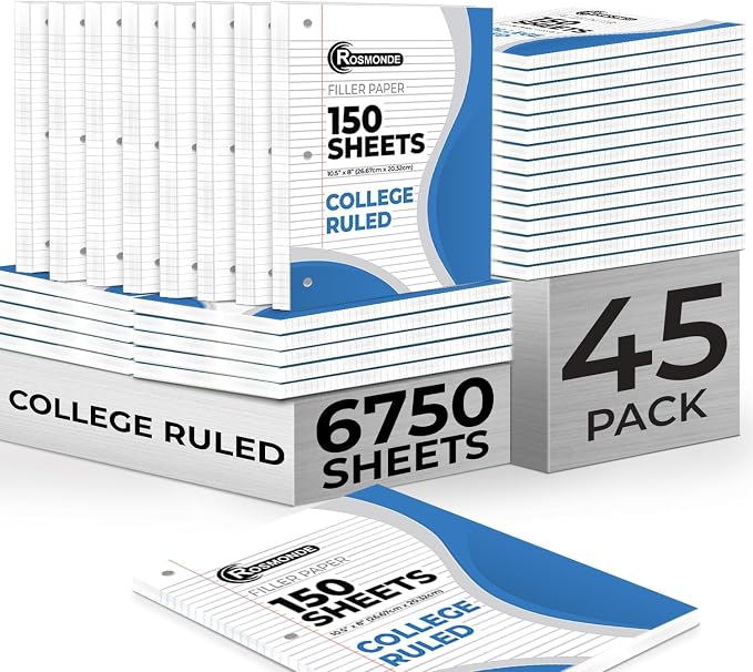 Rosmonde 6750 Sheets Loose Leaf Paper Bulk, 45 Pack, College Ruled Paper | Bulk Notebook Paper, 8" x 10.5", 150 Sheets/Pack, Bulk Office Filler Paper, 3 Hole Punched, College Ruled Paper For Binder
