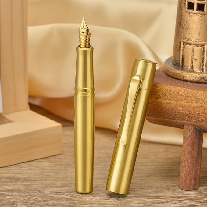 HONG DIAN M2 Black Forest Mini Fountain Pen, Fine Soft Golden Nib & Sleek Shape Brass Short Pocket Travel Pen (Glossy Brass)