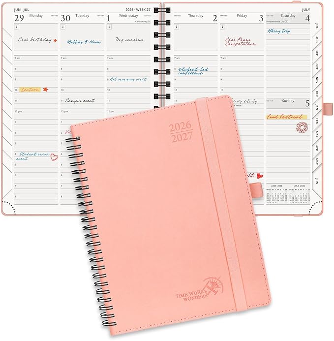POPRUN Planner 2026-2027 (Medium - 6.5'' x 8.5'') Academic Weekly Planner | Calendar(July 2026 - June 2027) Appointment Book with Hourly Time Slots, Monthly Tabs, 100GSM, Spiral Leather Cover - Pink