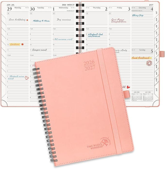 POPRUN Planner 2026-2027 (Medium - 6.5'' x 8.5'') Academic Weekly Planner | Calendar(July 2026 - June 2027) Appointment Book with Hourly Time Slots, Monthly Tabs, 100GSM, Spiral Leather Cover - Pink