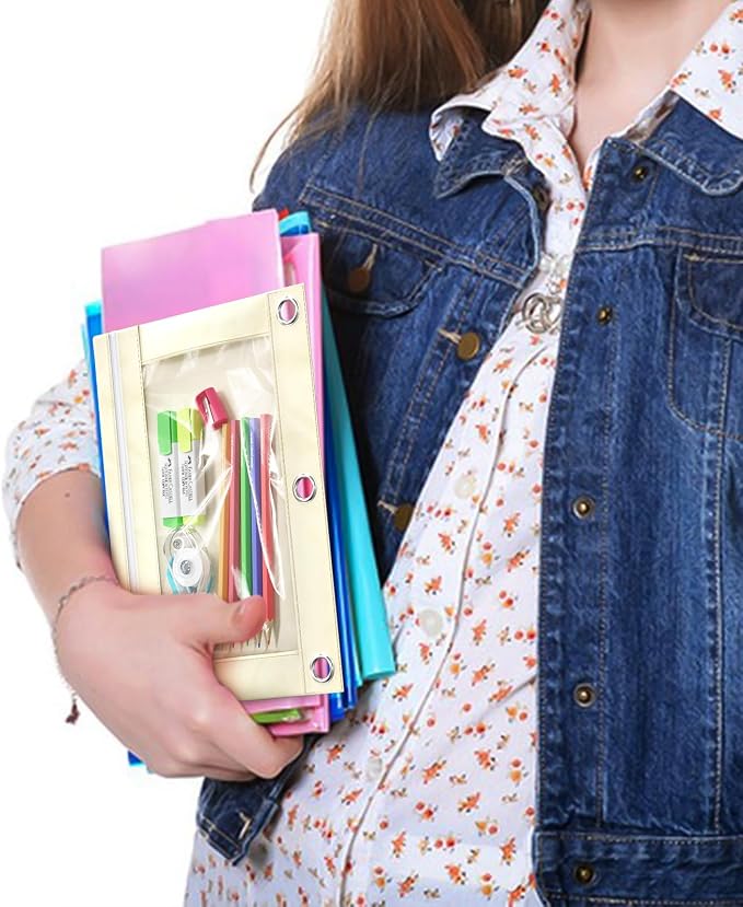 DoDoMagxanadu Binder Pencil Pouches, Pencil Pouch for 3 Ring Binder with Zipper Pulls, Clear Window Pencil Case for Binder, Zipper Pencil Pouches with Rivet Enforced 3 Ring, 20 Pack, 10 Color