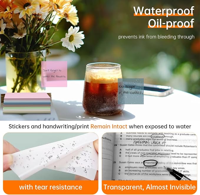 Transparent Sticky Notes with Marker, 【99.9% Transparency, Strong Adhesion,Waterproof 】 MEIGAONE 7 Pack Clear Sticky Note 3x3,Translucent Sticky Note Office,School Supplies