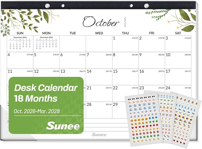 SUNEE Desk Calendar 2027 - 17" x 12" Desk Pad Calendar, 18-Month Monthly Planner Oct. 2026 - Mar. 2028, Desktop Calendar with 308 Planner Stickers, Plastic Protective Corners for Office, School and Home, Greenery